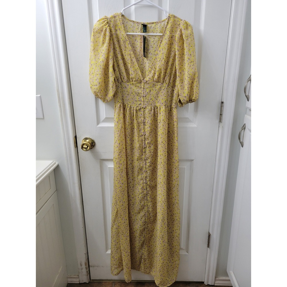 Wild Fable Yellow Floral V-Neck Maxi Dress Short Puff Sleeve XS RN17730